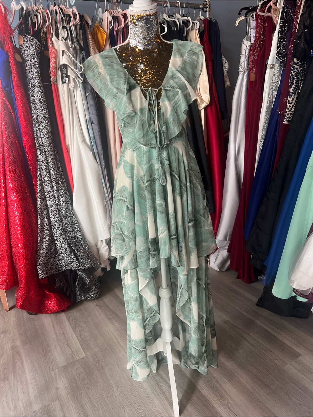 Lulu's Sage Green Leaf-Print Ruffle Midi Dress